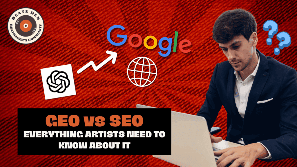 Man in a suit working on a laptop with Google and ChatGPT logos and “GEO vs SEO” text on a red background.