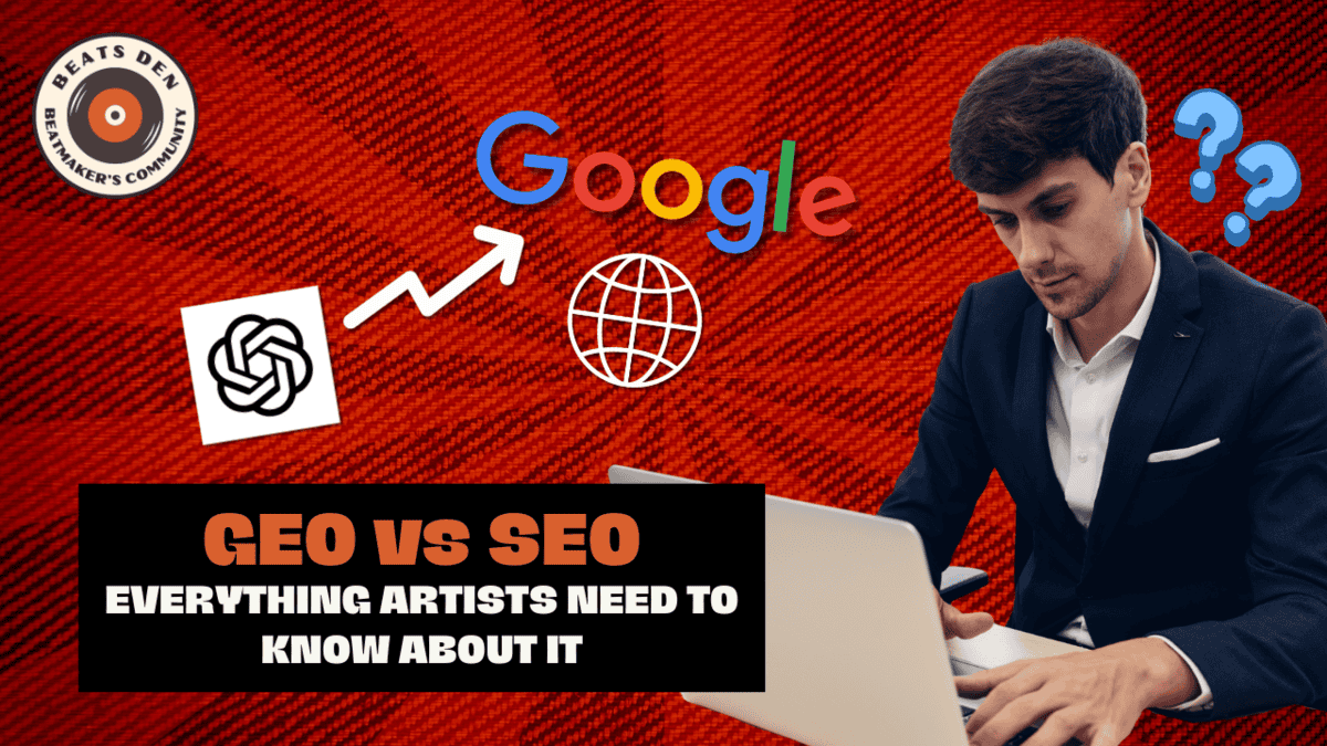 Man in a suit working on a laptop with Google and ChatGPT logos and “GEO vs SEO” text on a red background.