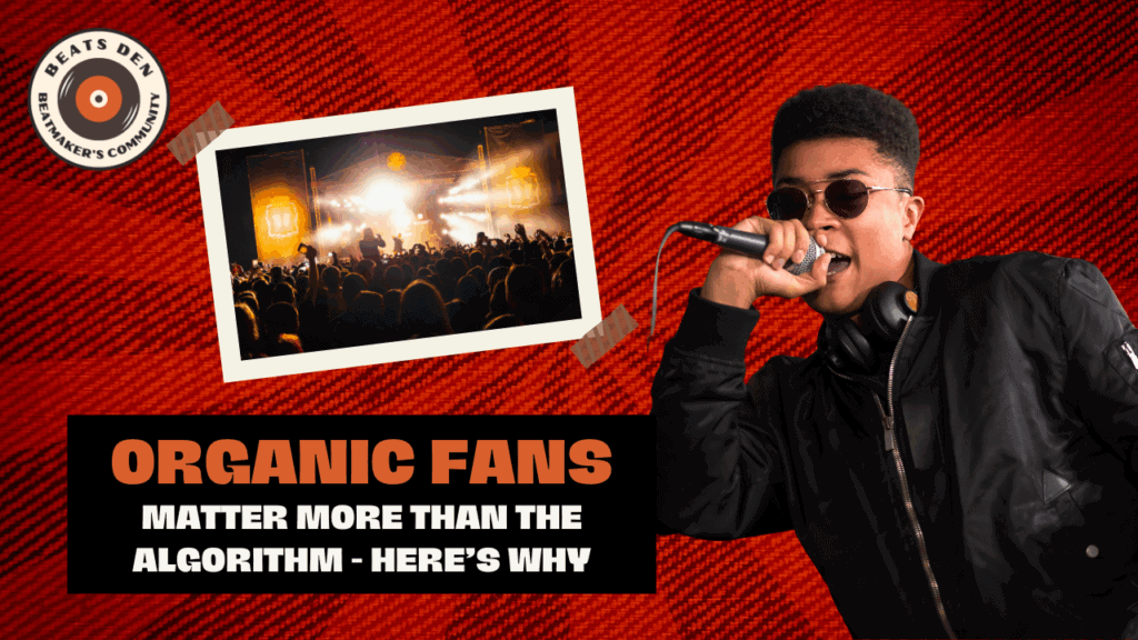 Hip-hop artist performing with headphones around neck, overlaid with text about organic fans and a concert crowd in the background