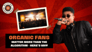 Hip-hop artist performing with headphones around neck, overlaid with text about organic fans and a concert crowd in the background