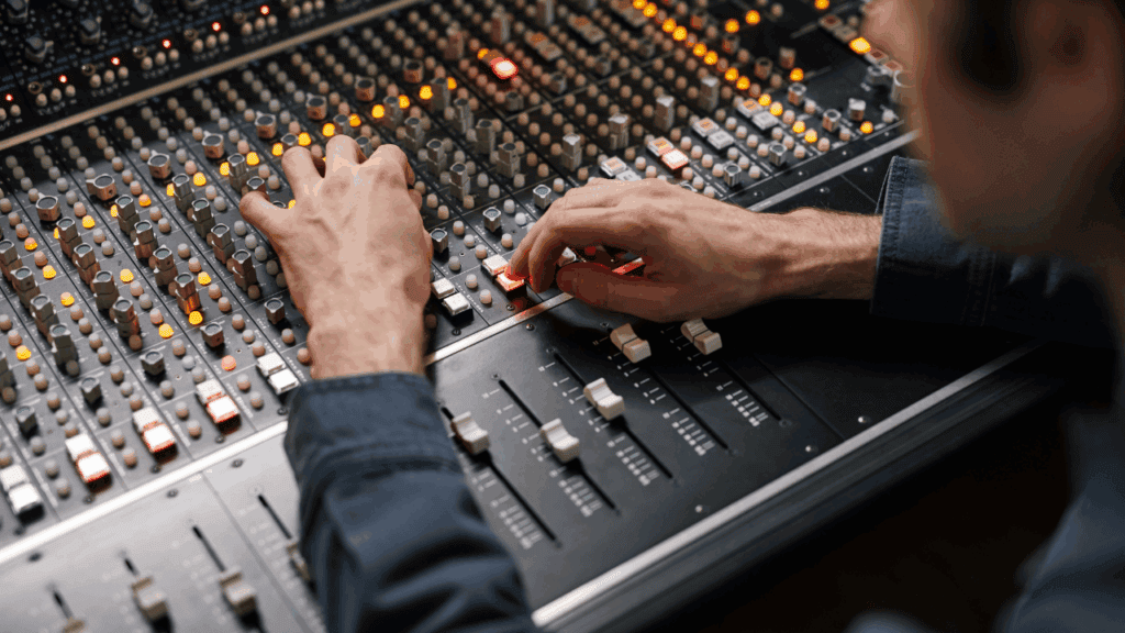 Music producer adjusting levels on a professional mixing console