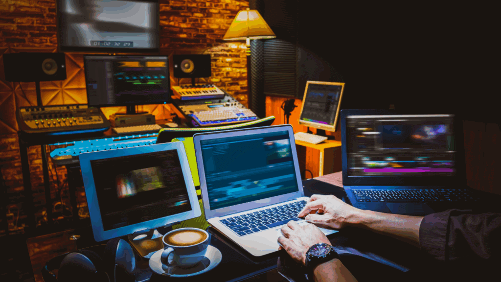High-tech music production studio with multiple laptops and software open