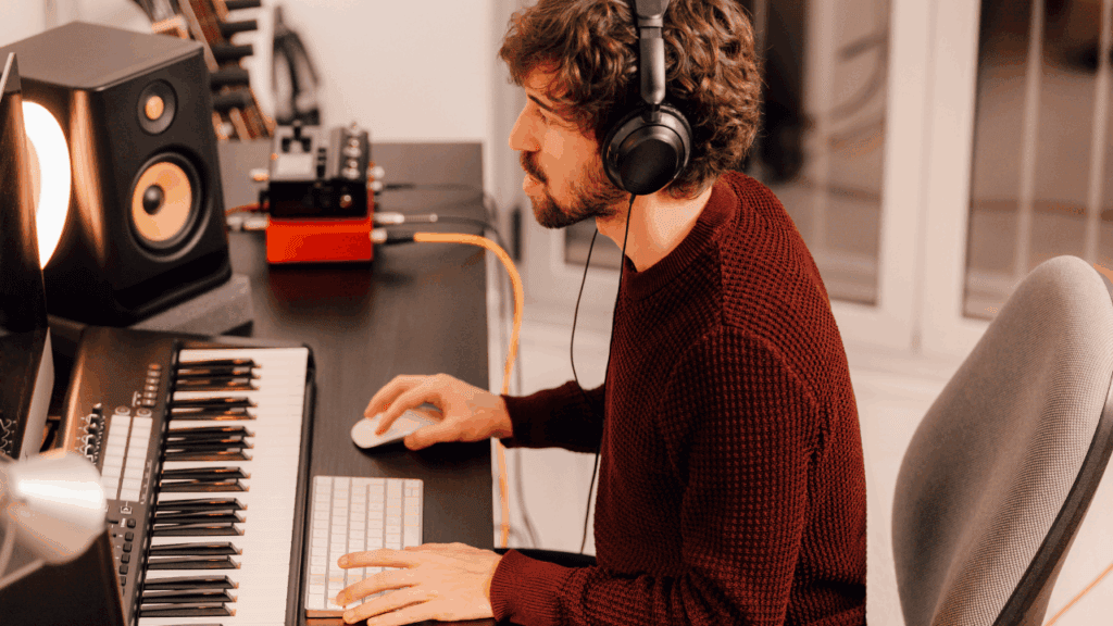 Man using a MIDI keyboard and headphones for music production at home
