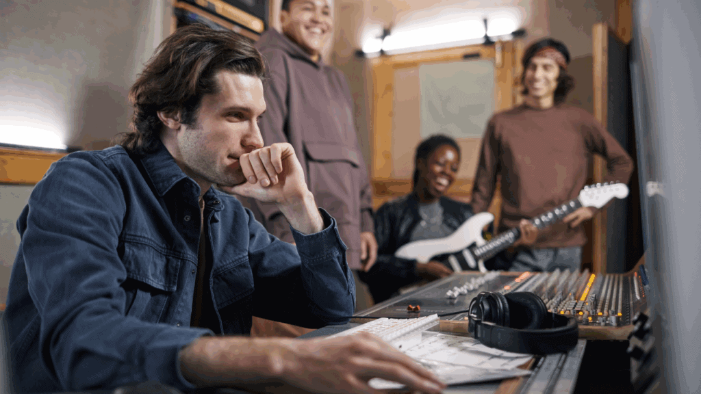 Music producer thinking at mixing console while musicians prepare instruments