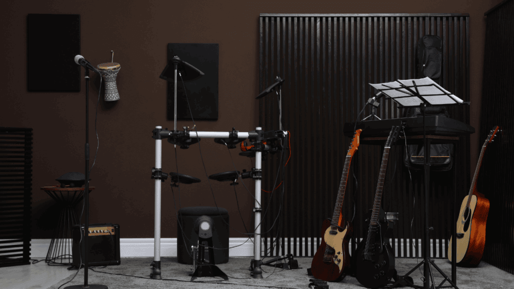 Home music studio with guitars, acoustic panels, and DIY treatment setup on a budget