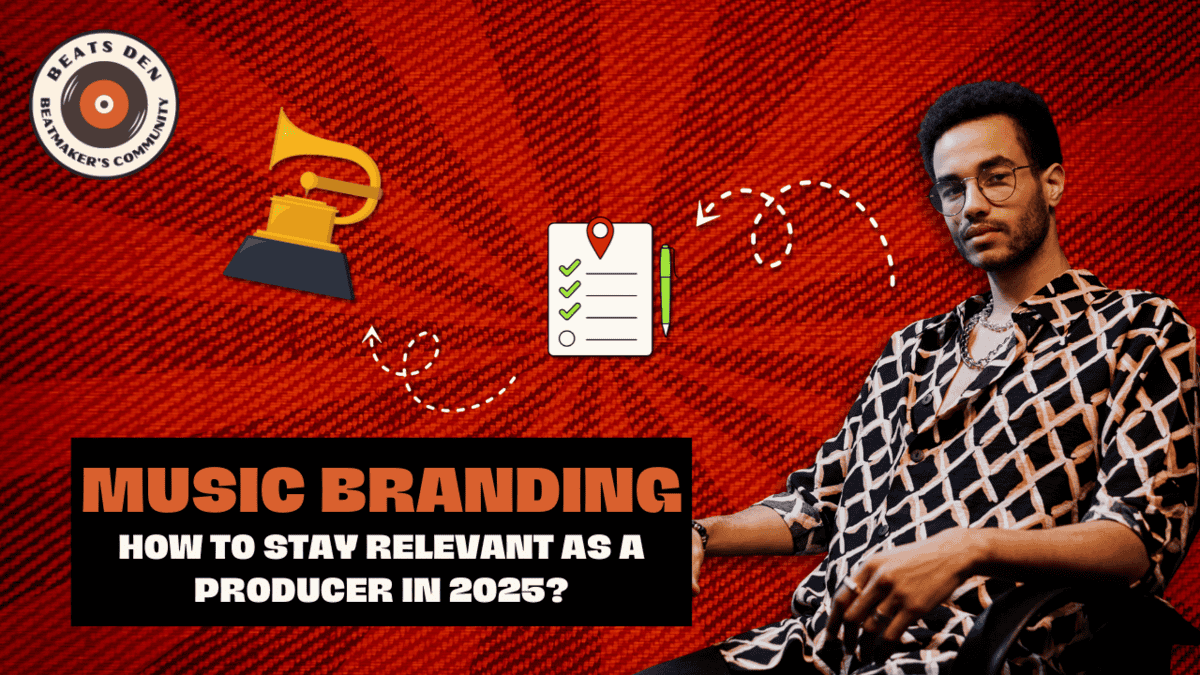 Music producer in stylish attire with branding icons and text on staying relevant in 2025