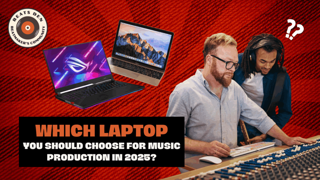 Two music producers choosing between laptops for music production in 2025