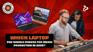 Two music producers choosing between laptops for music production in 2025