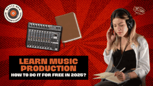 Woman wearing headphones taking music production notes on red background