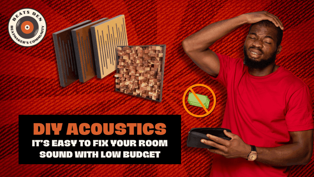 Frustrated man holding an empty wallet next to acoustic treatment panels with DIY acoustics text on red background