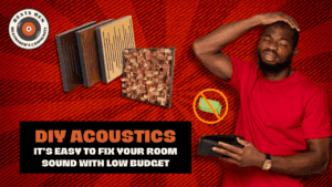 Frustrated man holding an empty wallet next to acoustic treatment panels with DIY acoustics text on red background