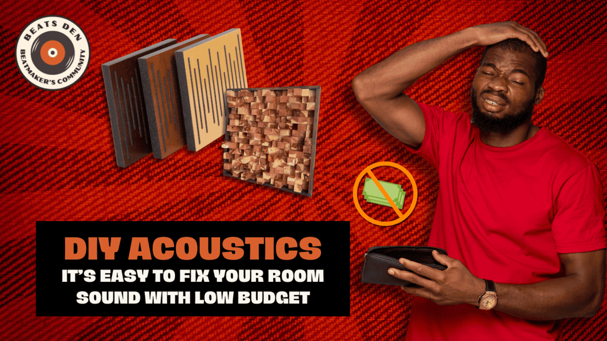 Frustrated man holding an empty wallet next to acoustic treatment panels with DIY acoustics text on red background